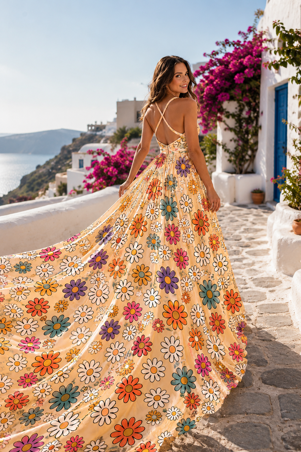 Women's Floral Print Long Dress Flowy Vacation Maxi Dress with Elegant Train