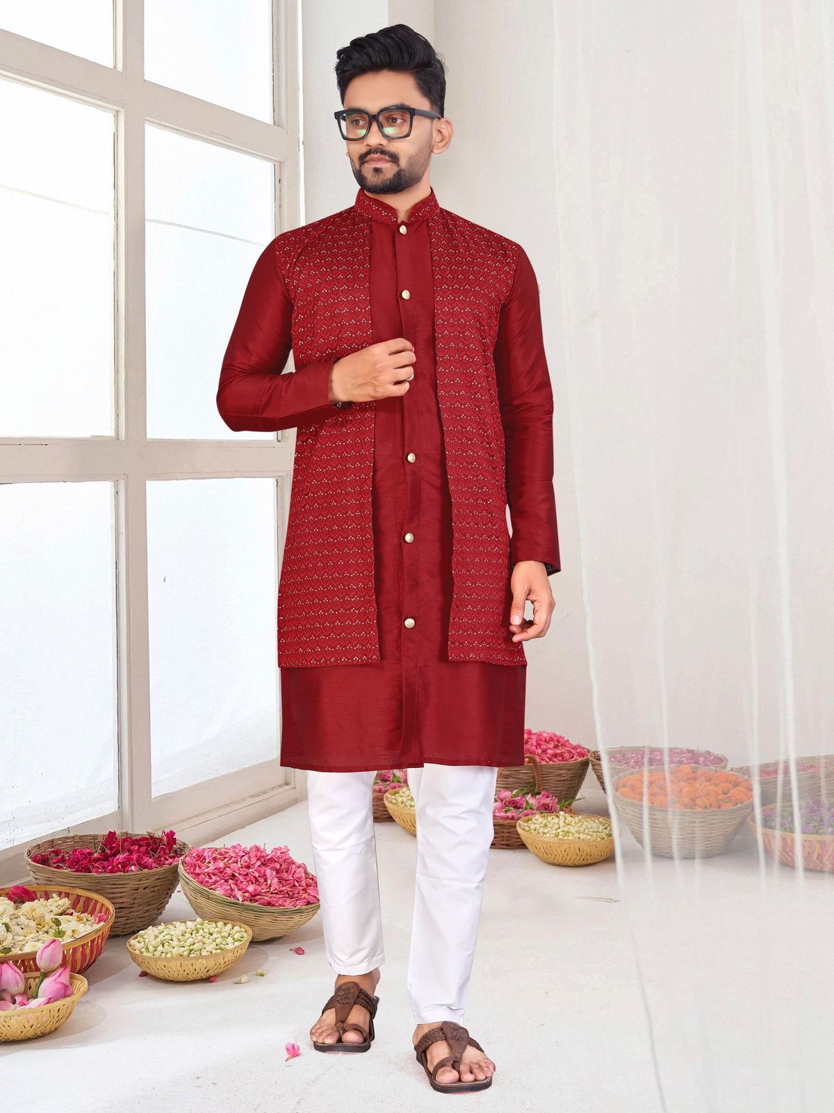Bangalori Silk With Jacquard Koti Kurta Pajama Set For Men's