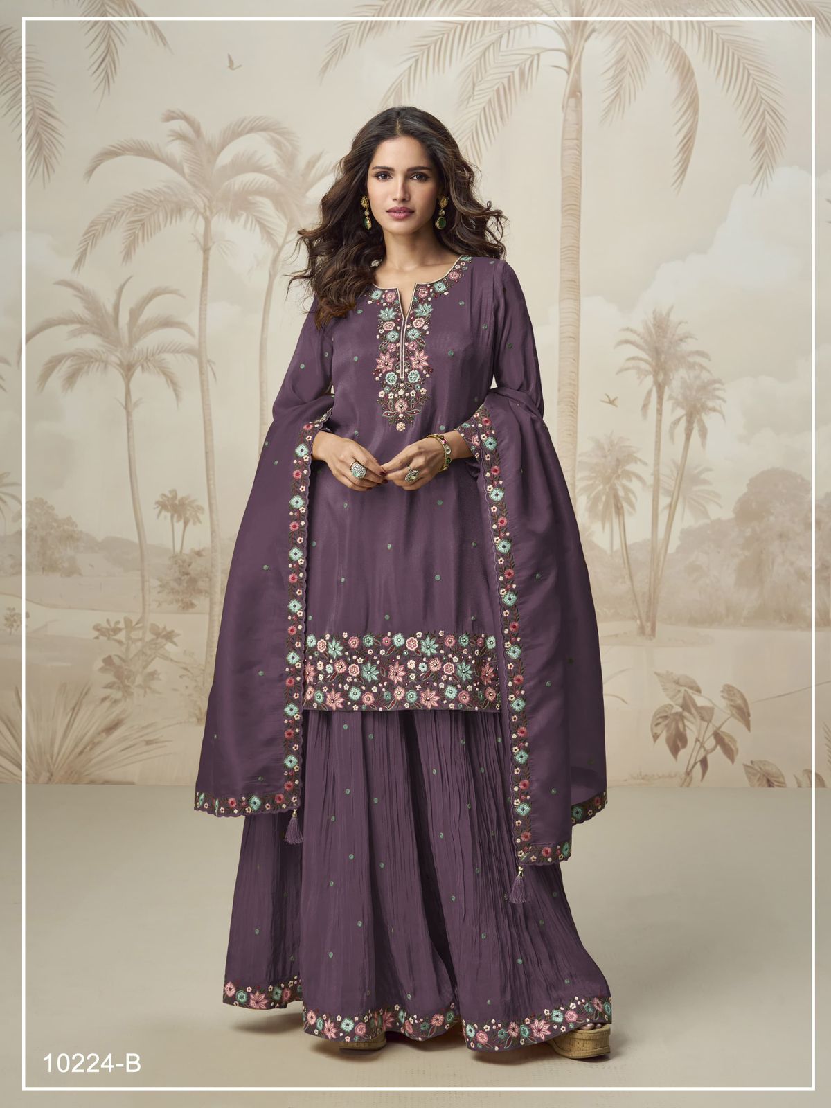 Heavy Function Wear Chinon silk With Embroidery Work Top Bottom & Dupatta