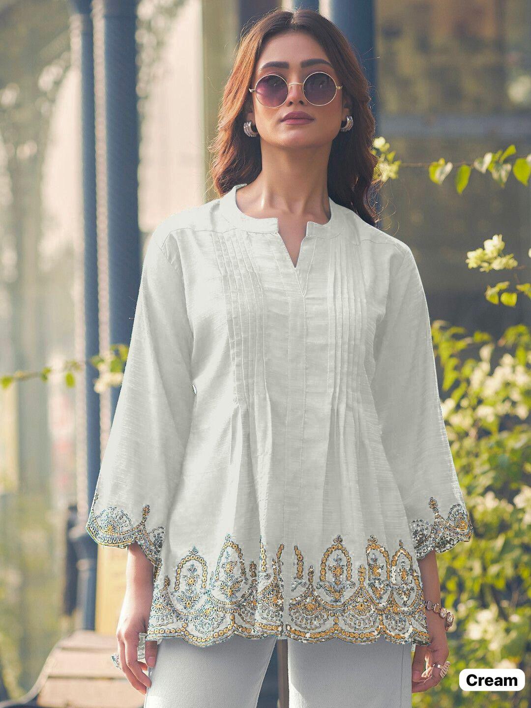 Fancy Heavy Rayon Slub With Embroidery Cut Work Kurti For Women's