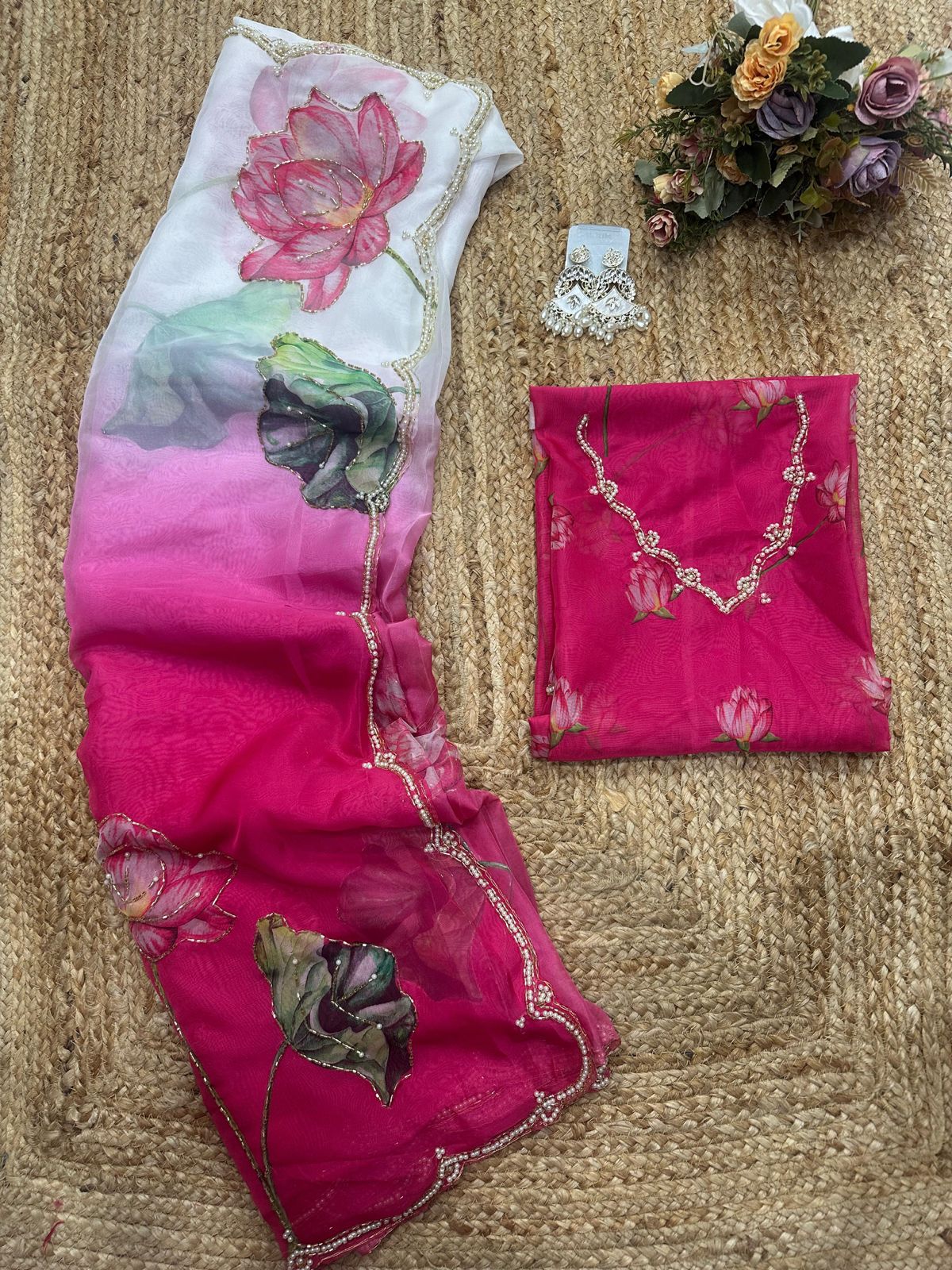 Soft Tebi Silk Two Color Shaded Beautiful Flower Printed Sari With Blouse