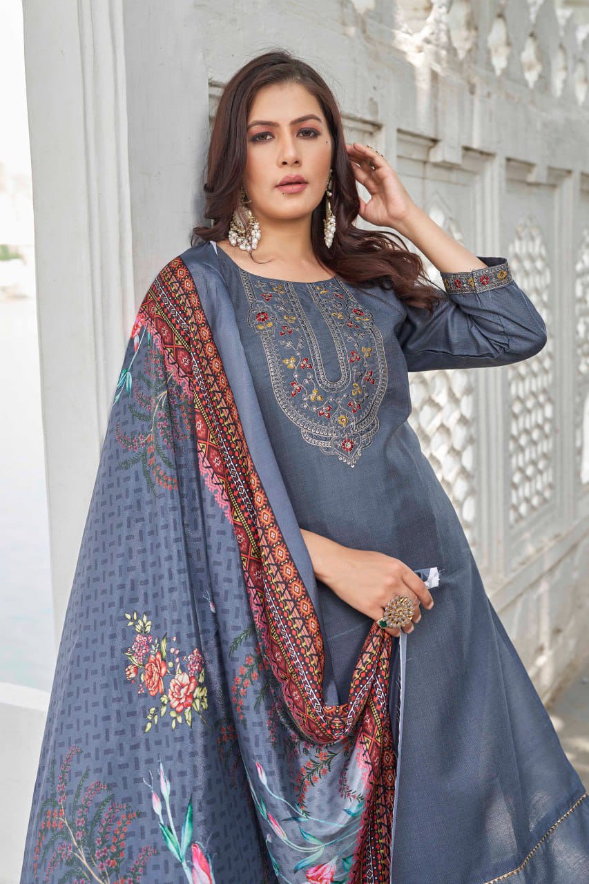 Cotton Blend Yoke Design Traditional Wear Top Pant & Dupatta