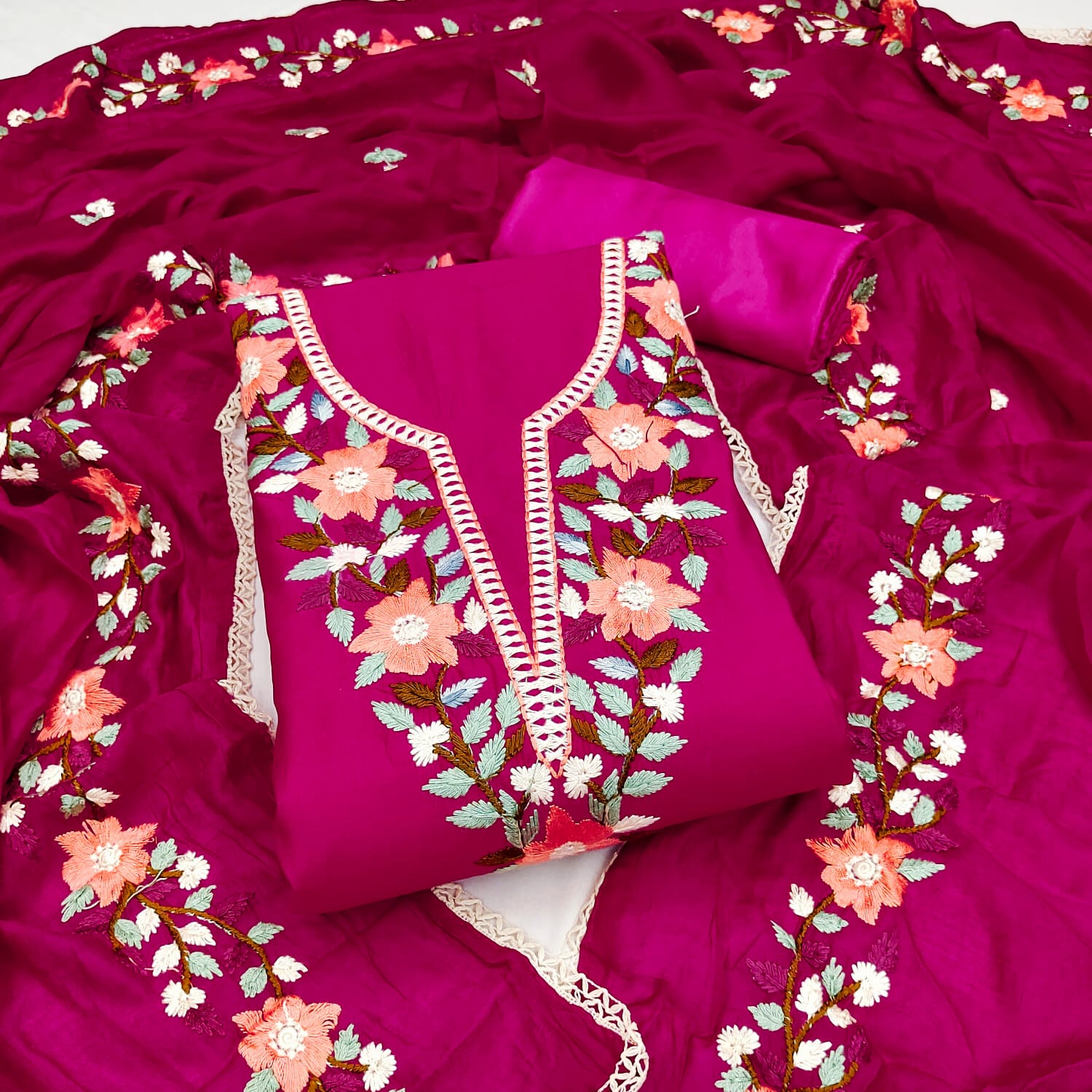 Traditional Beautiful Roman Silk Designer Top Bottom & Dupatta