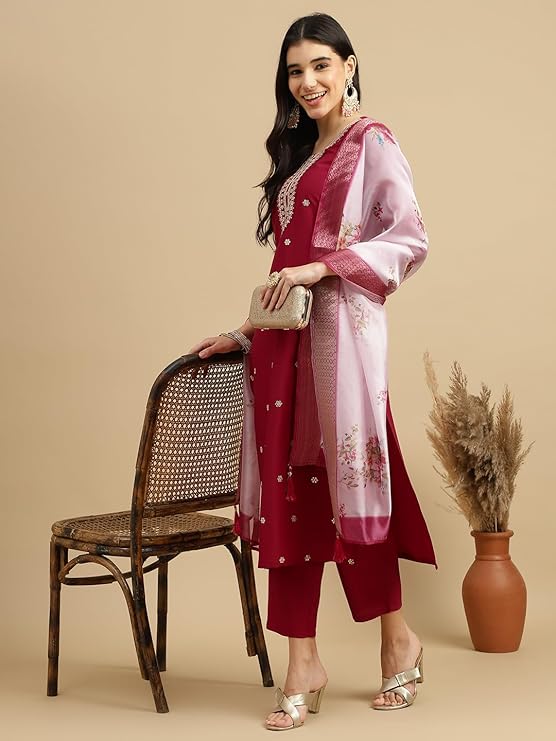 Roman Silk Traditional Maroon Embroidered Wedding Wear Top Bottom& Dupatta