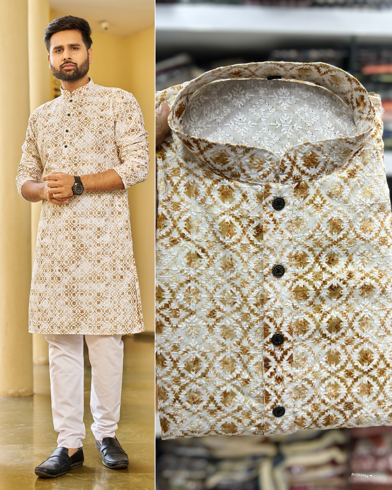 Traditional Heavy Rayon Schiffli Chikan Work Men's Kurta Pajama Set