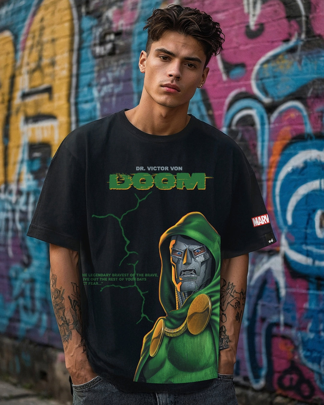 Men's Jet Black Doom Graphic Printed Oversized T-shirt