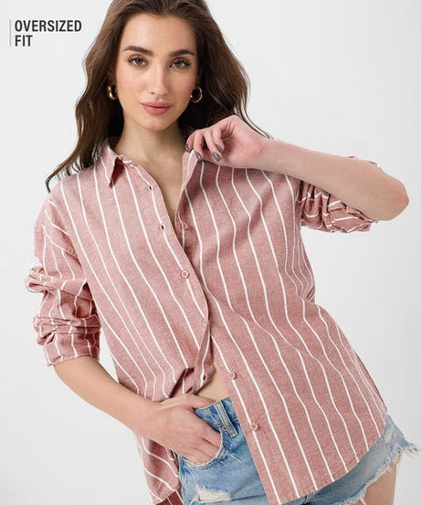Cotton Linen Stripes Cardinal Women Boyfriend Shirts