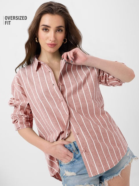 Cotton Linen Stripes Cardinal Women Boyfriend Shirts