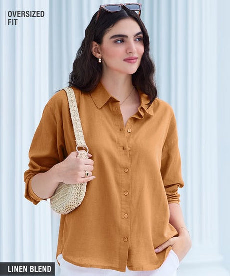 Cotton Linen Earthy Rust Women Boyfriend Shirts