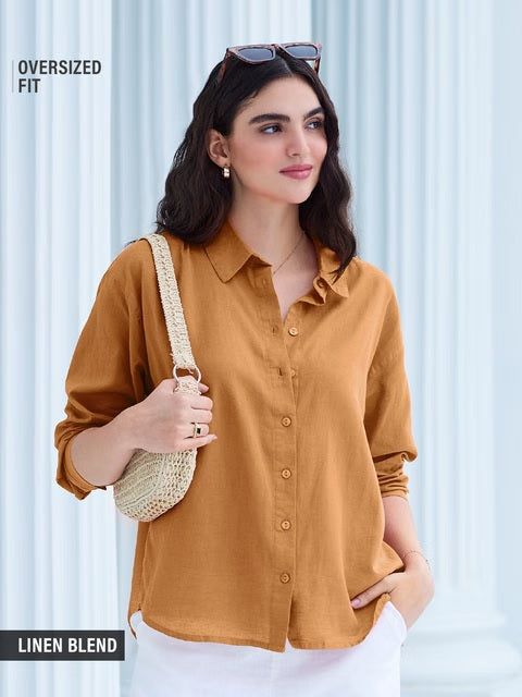 Cotton Linen Earthy Rust Women Boyfriend Shirts