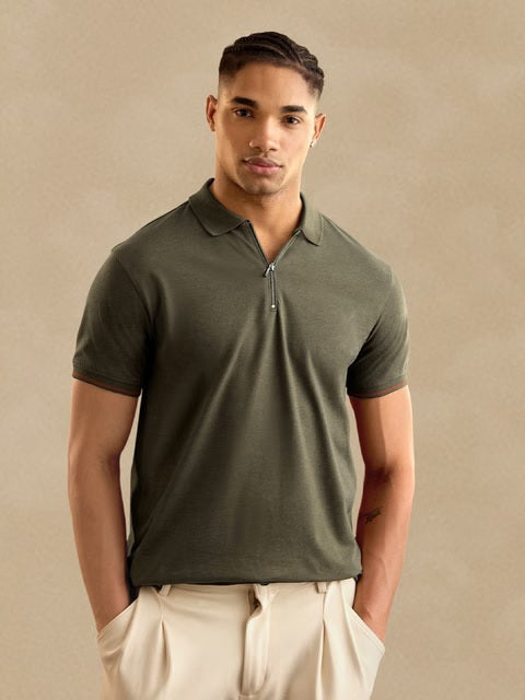 Solids Olive Zipper Polos