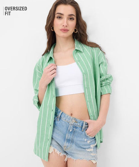 Cotton Linen Stripes Celadon Women Boyfriend Shirts