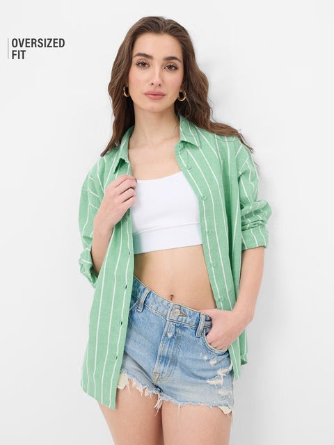 Cotton Linen Stripes Celadon Women Boyfriend Shirts