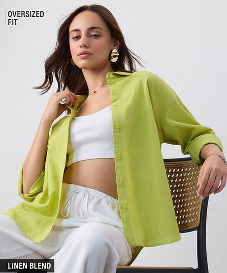 Cotton Linen Canary Green Women Boyfriend Shirts