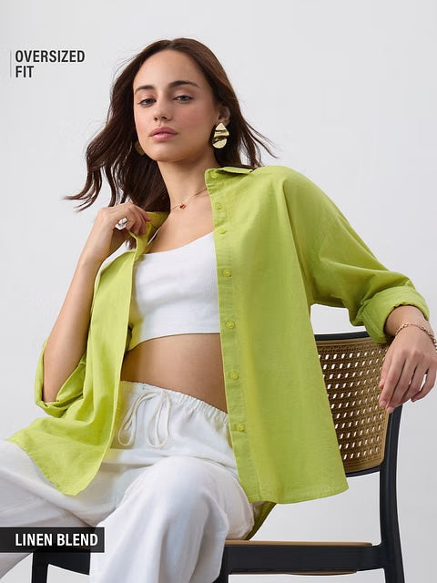 Cotton Linen Canary Green Women Boyfriend Shirts