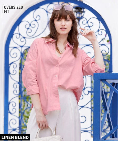 Cotton Linen Pink Women Boyfriend Shirts