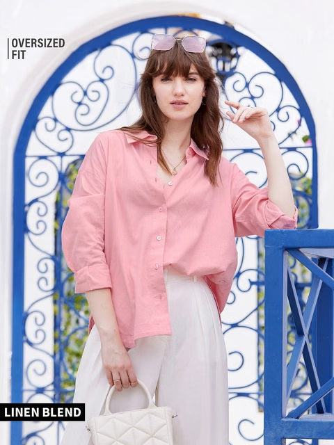 Cotton Linen Pink Women Boyfriend Shirts