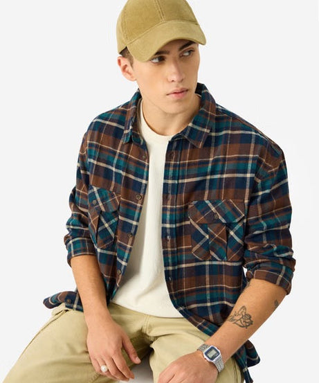 Plaid Brown And Navy Men Utility Shirts