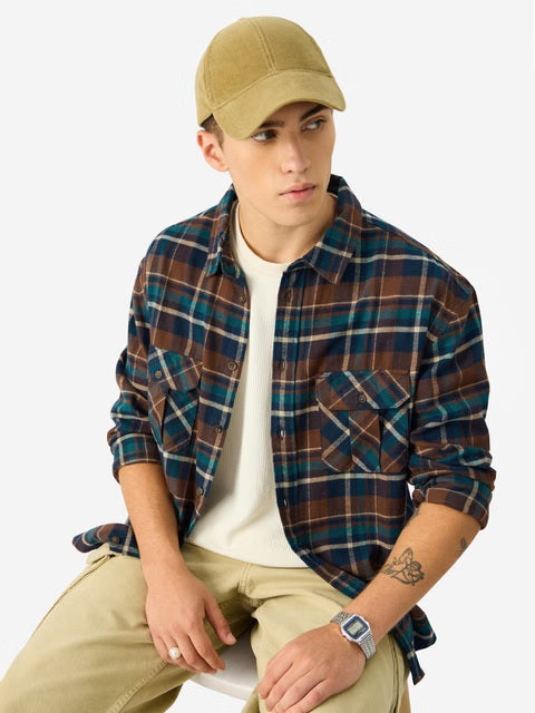 Plaid Brown And Navy Men Utility Shirts