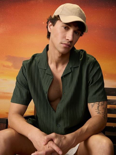 Solids Forest Green Men Textured Shirts