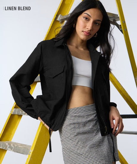 Cotton Linen Carbon Black Women Shackets