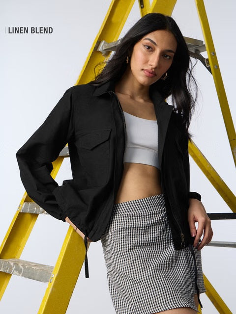 Cotton Linen Carbon Black Women Shackets