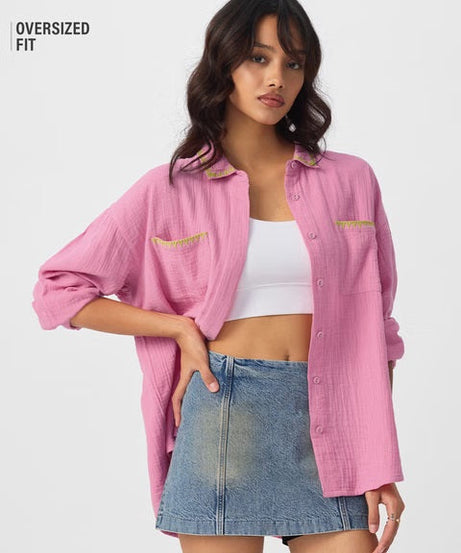 Textured Flamingo Pink Women Boyfriend Shirts