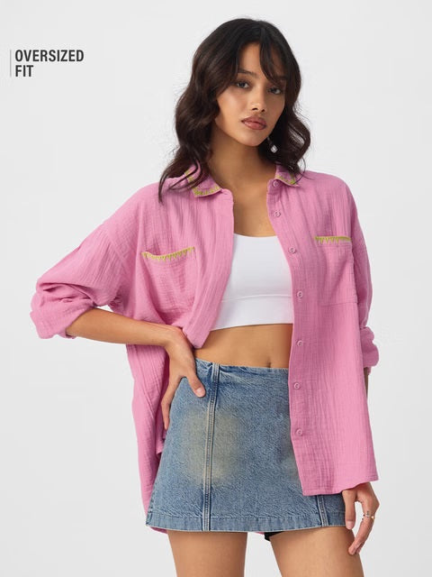 Textured Flamingo Pink Women Boyfriend Shirts