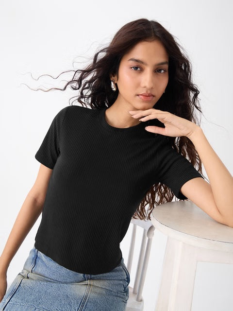 Ribbed  Black Women T-Shirts