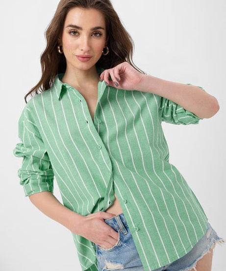 Cotton Linen Stripes Celadon Women Boyfriend Shirts