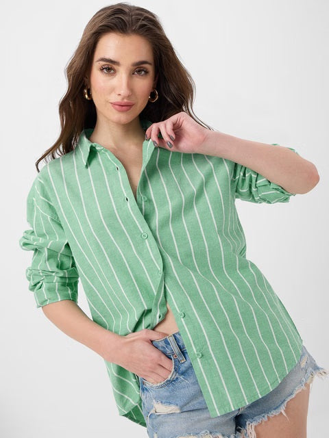 Cotton Linen Stripes Celadon Women Boyfriend Shirts