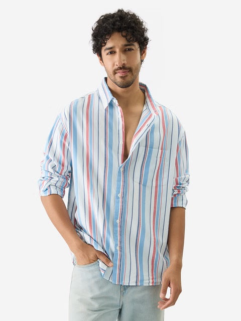 Stripes Blue, Red Men Relaxed Shirts