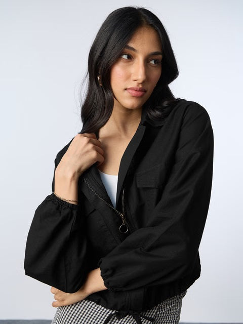 Cotton Linen Carbon Black Women Shackets