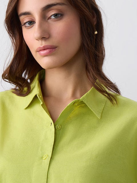 Cotton Linen Canary Green Women Boyfriend Shirts