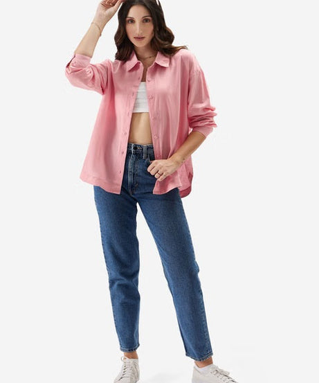 Cotton Linen Pink Women Boyfriend Shirts