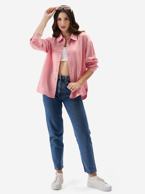 Cotton Linen Pink Women Boyfriend Shirts