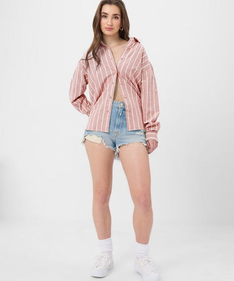 Cotton Linen Stripes Cardinal Women Boyfriend Shirts