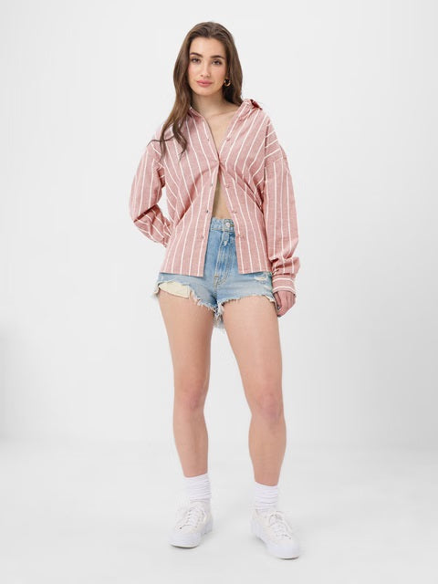 Cotton Linen Stripes Cardinal Women Boyfriend Shirts