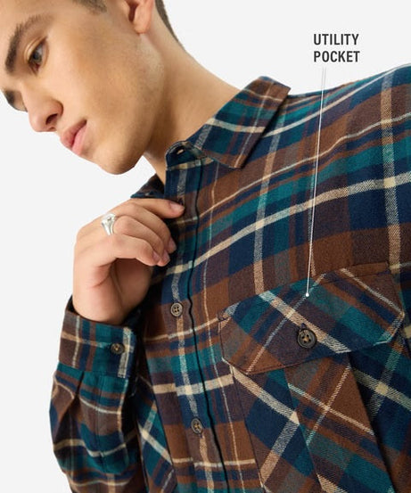 Plaid Brown And Navy Men Utility Shirts
