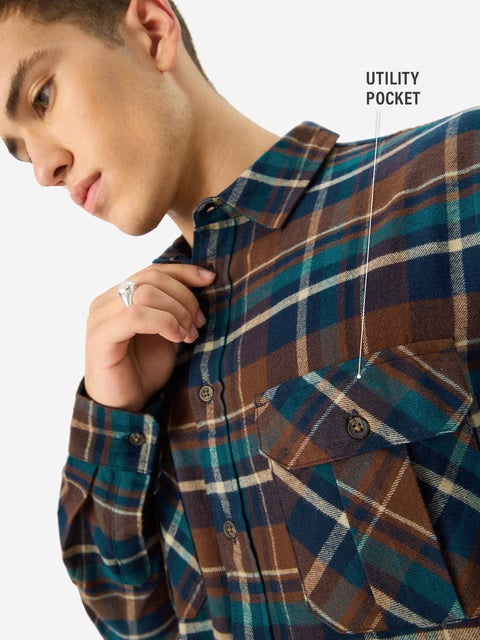 Plaid Brown And Navy Men Utility Shirts