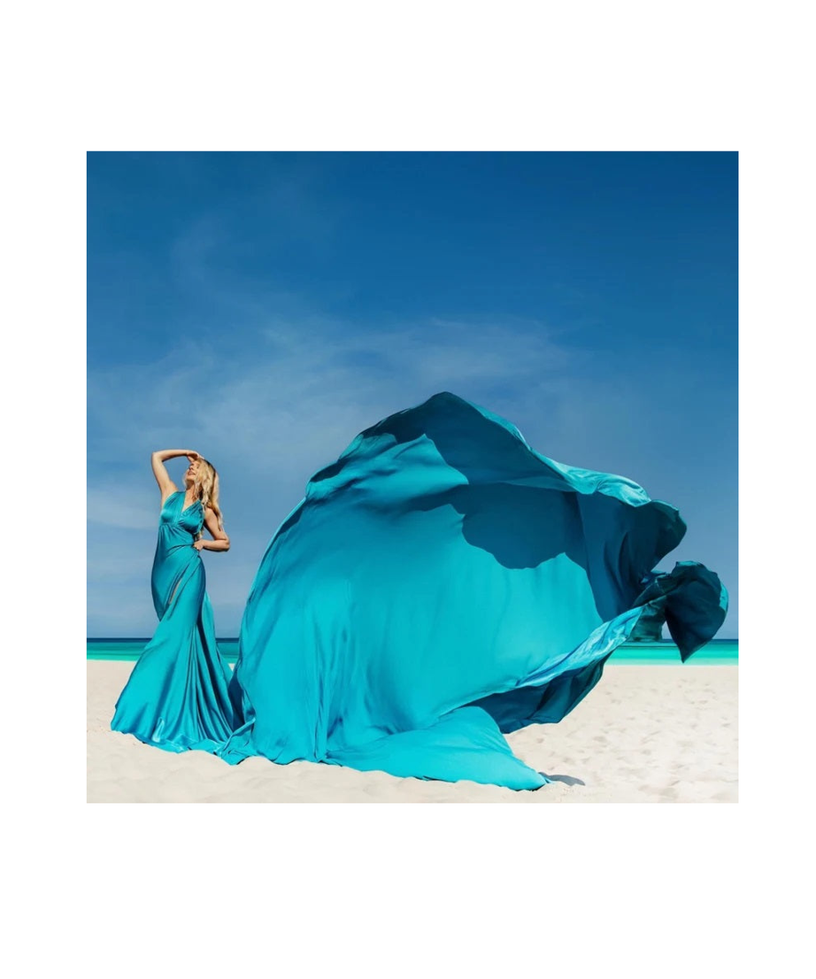 Turquoise Long Train Dress Flying Dress For Photoshoot Asymmetrical Flying Dress