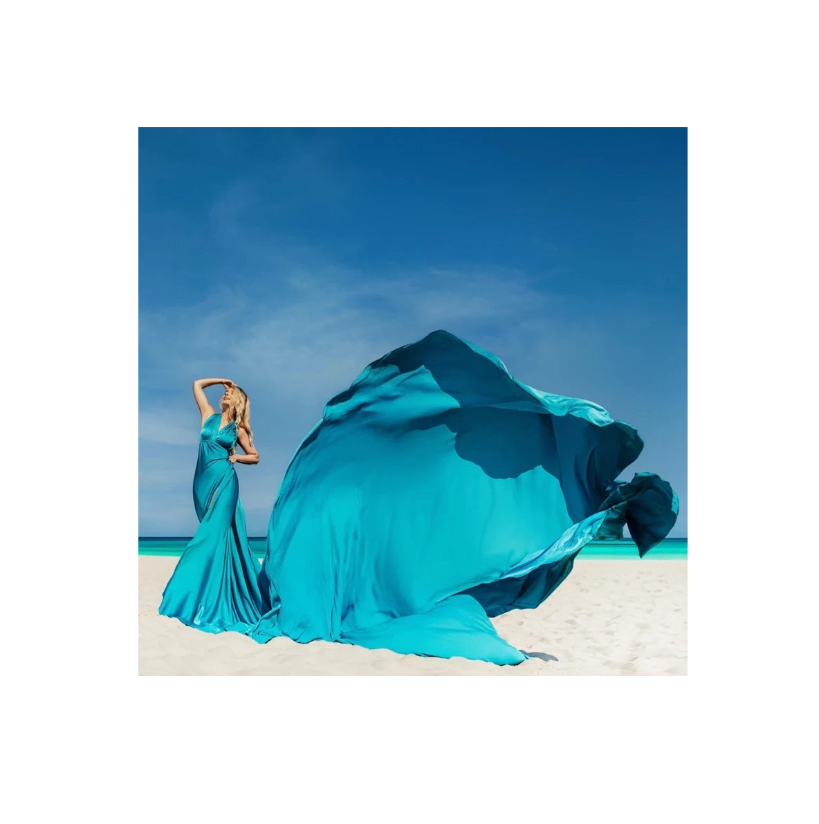 Turquoise Long Train Dress Flying Dress For Photoshoot Asymmetrical Flying Dress