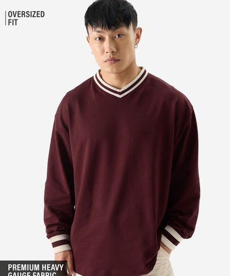 Solids Burgundy Oversized Full Sleeve T-Shirts