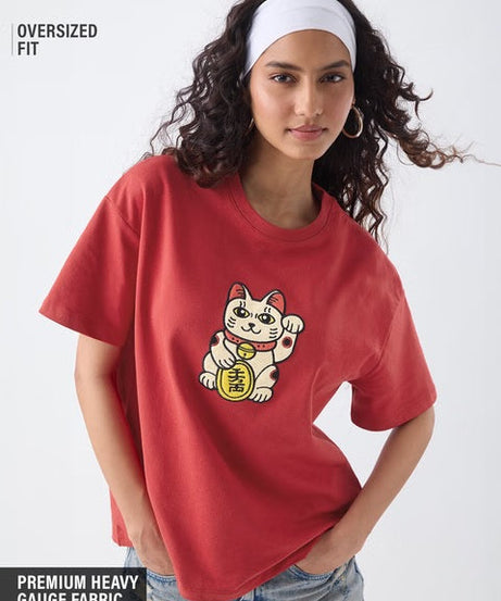 Lucky Cat Women Oversized T-Shirts