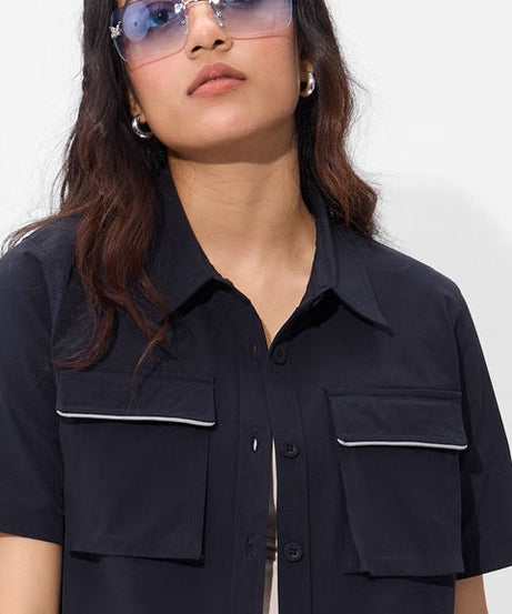 Solids Classic Navy Women Cropped Shirts