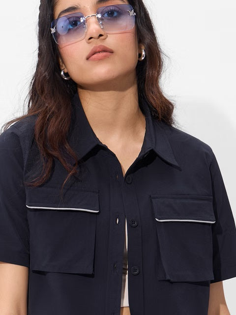 Solids Classic Navy Women Cropped Shirts