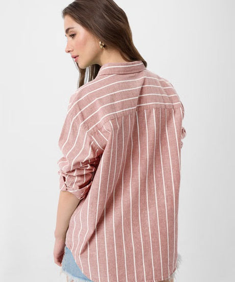 Cotton Linen Stripes Cardinal Women Boyfriend Shirts