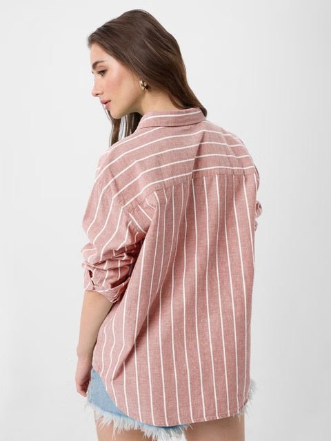 Cotton Linen Stripes Cardinal Women Boyfriend Shirts