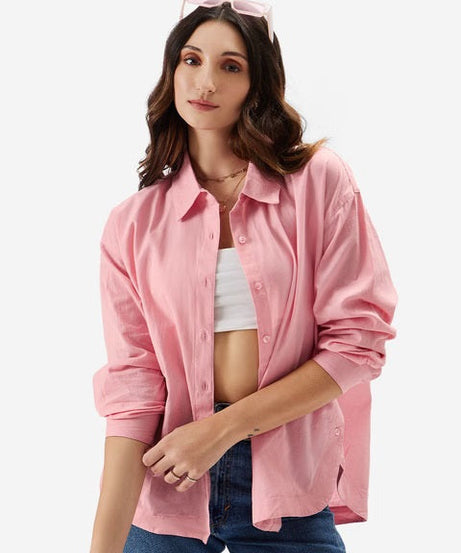 Cotton Linen Pink Women Boyfriend Shirts