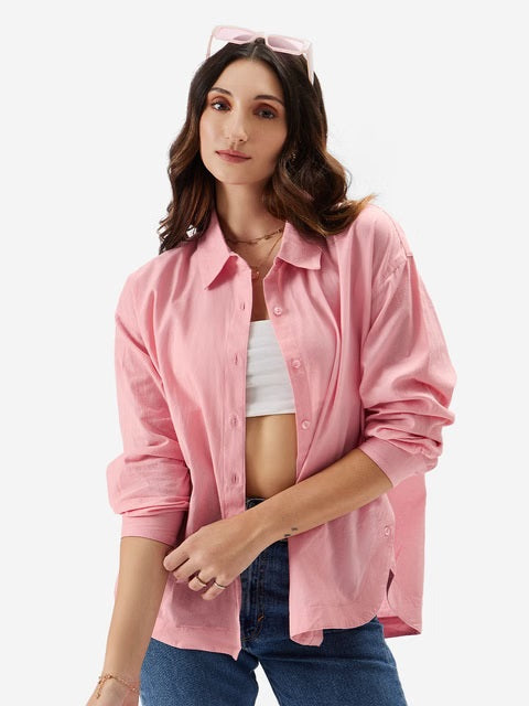 Cotton Linen Pink Women Boyfriend Shirts